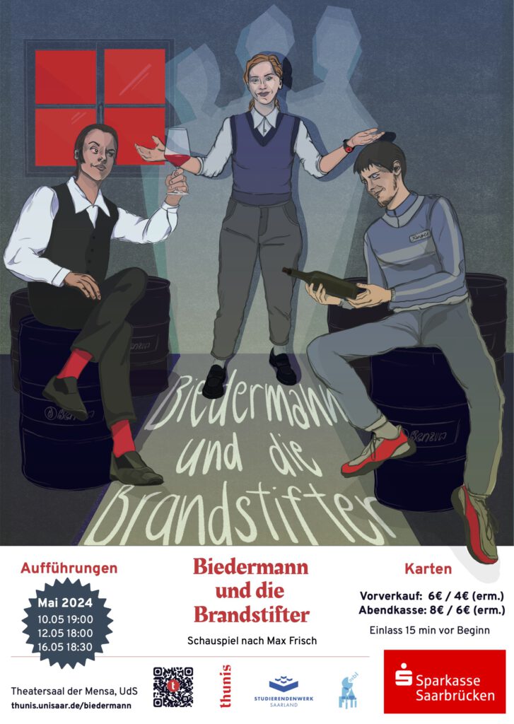 Plakat im Graphic Novel Stil: Biedermann in der Mitte empfängt mit offenen Armen zwei Herren die auf Benzinfässern sitzen.