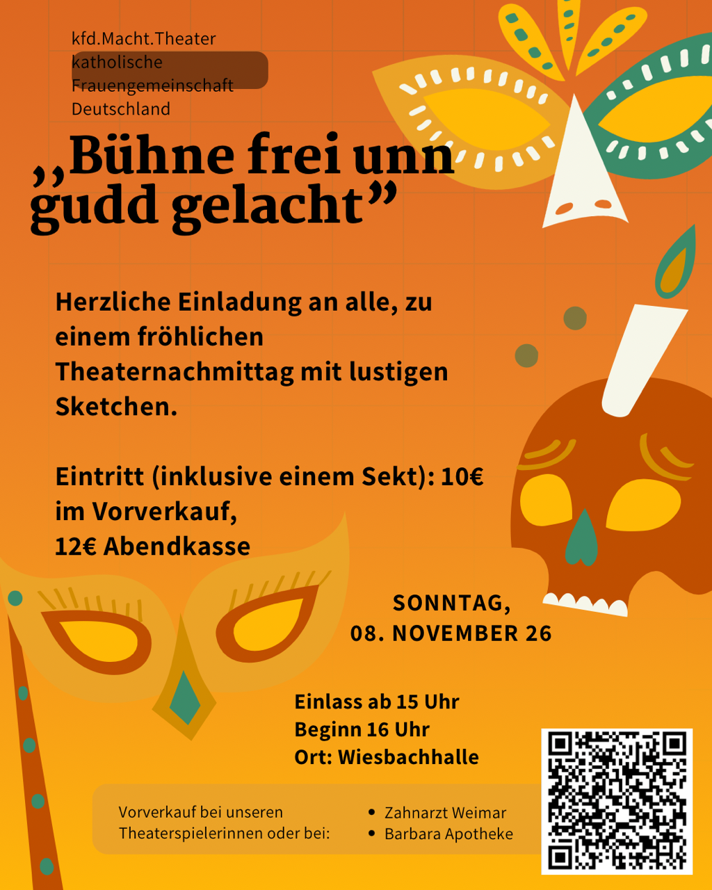 Am 8. November 2026 ist es wieder soweit! Unser jährlicher Theaternachmittag steht vor der Tür – und wir freuen uns auf einen Nachmittag voller Spaß, Humor und guter Unterhaltung.